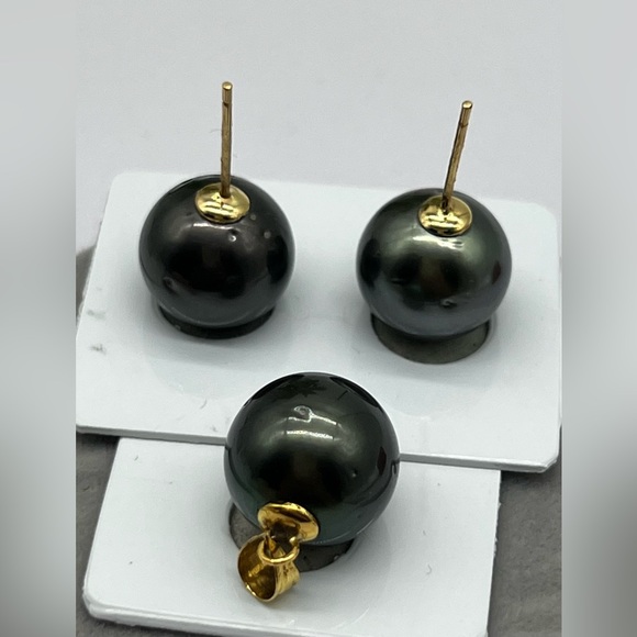 12.8mm South Sea Pearl Tahitian Blk Stud Earrings  with 13.2mm Pendant  … - Picture 12 of 15